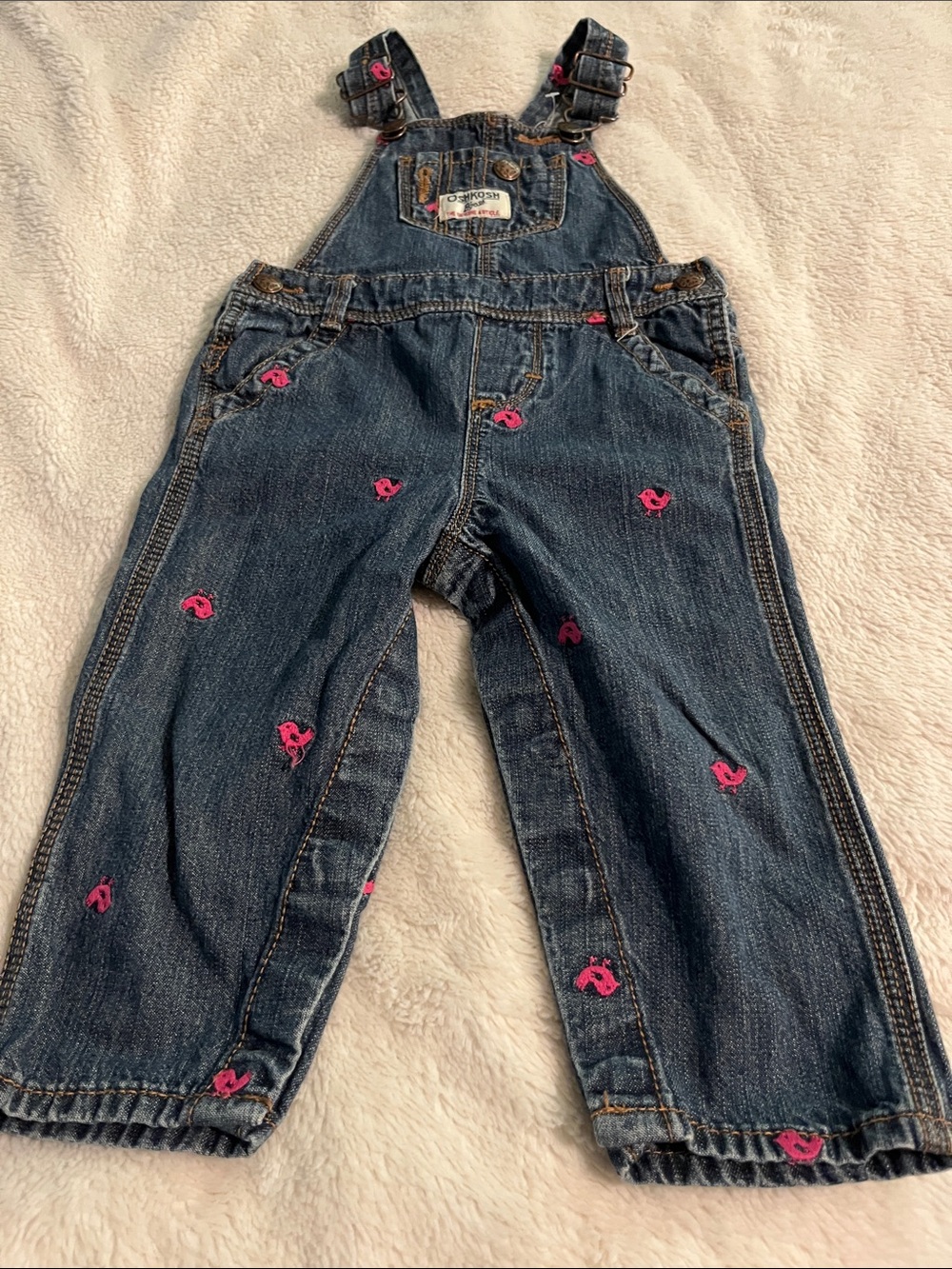 OshKosh B'gosh Dark Blue Denim Overalls with Pink Embroidery